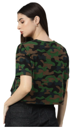 Veirdo Cotton Drop Shoulder Half Sleeve Camouflage Crop T-Shirt for Women/Girls